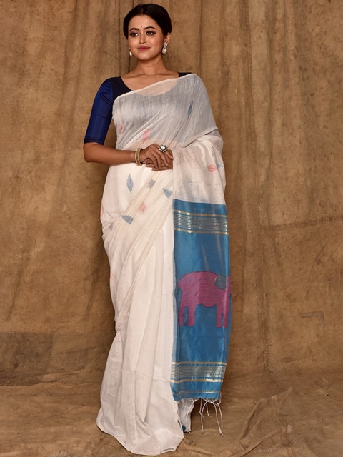 

AllSilks Cream-Coloured & Blue Ethnic Motifs Art Silk Saree
