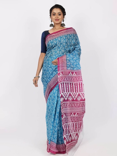 

AllSilks Blue & Red Ethnic Motifs Pure Silk Saree