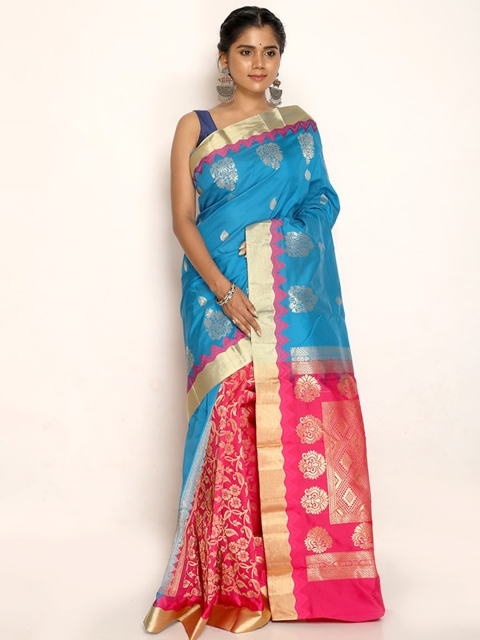 

AllSilks Blue & Pink Ethnic Motifs Zari Kanjeevaram Saree