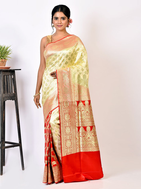

AllSilks White & Red Ethnic Motifs Zari Pure Silk Banarasi Saree