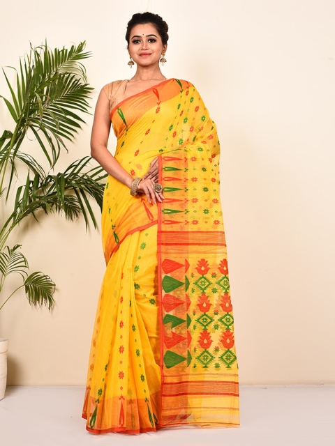 

AllSilks Yellow & Green Ethnic Motifs Pure Cotton Taant Saree