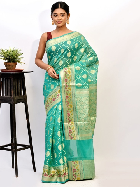 

AllSilks Sea Green & Gold-Toned Ethnic Motifs Zari Saree