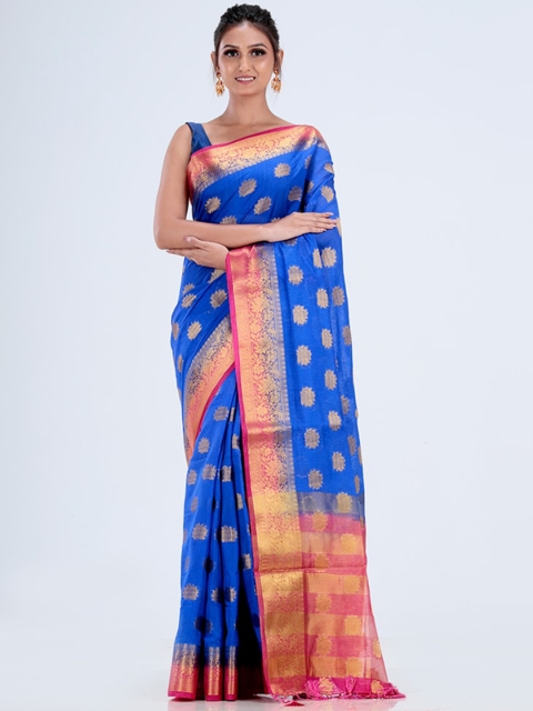 

AllSilks Navy Blue & Pink Ethnic Motifs Silk Blend Saree