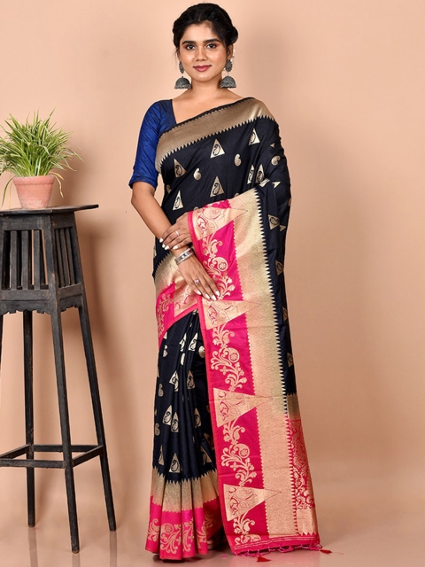 

AllSilks Black & Pink Ethnic Motifs Silk Blend Saree