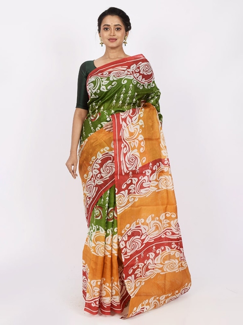 

AllSilks Green & Orange Ethnic Motifs Pure Silk Saree