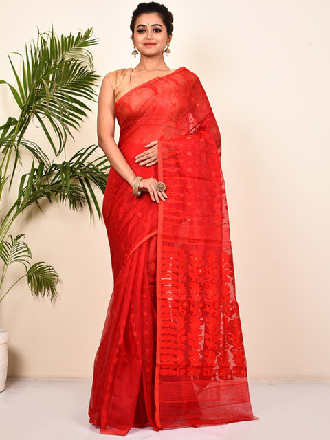 

AllSilks Red Ethnic Motifs Pure Cotton Taant Saree