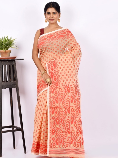 

AllSilks Cream-Coloured & Orange Floral Jamdani Saree