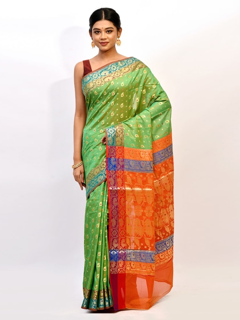 

AllSilks Green & Orange Ethnic Motifs Saree
