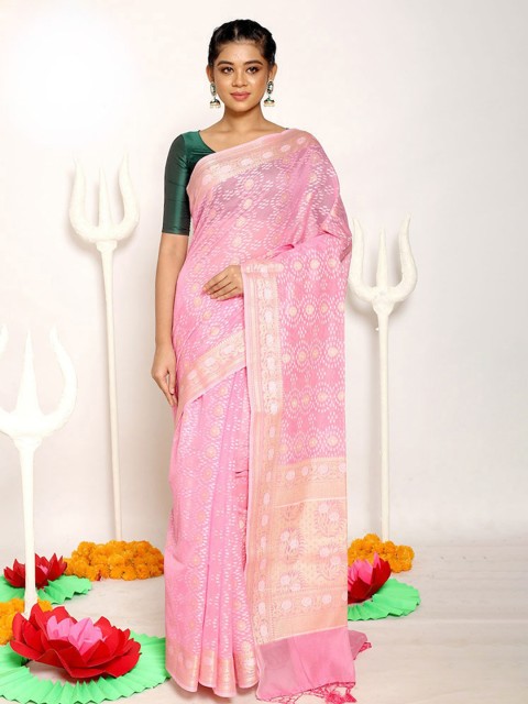 

AllSilks Pink & Gold-Toned Ethnic Motifs Banarasi Saree