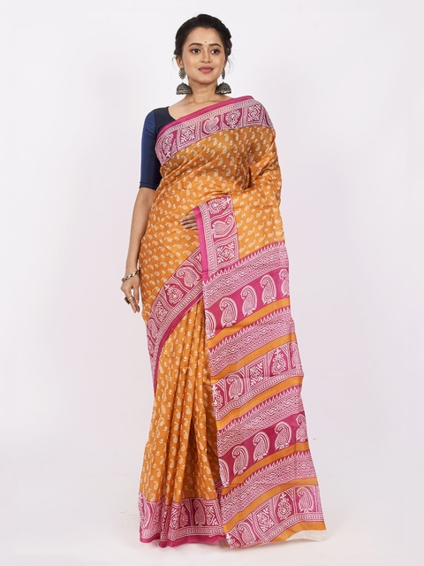 

AllSilks Yellow & Pink Paisley Pure Silk Saree