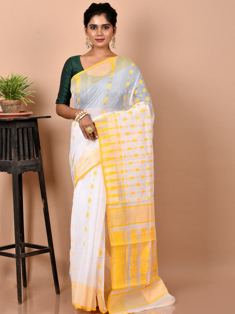 

AllSilks White & Yellow Ethnic Motifs Jamdani Saree