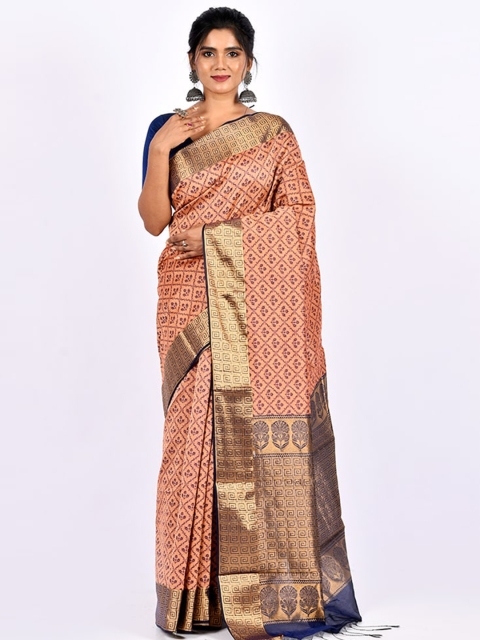 

AllSilks Peach-Coloured & Navy Blue Ethnic Motifs Pure Cotton Saree
