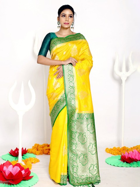 

AllSilks Yellow & Green Ethnic Motifs Silk Blend Saree