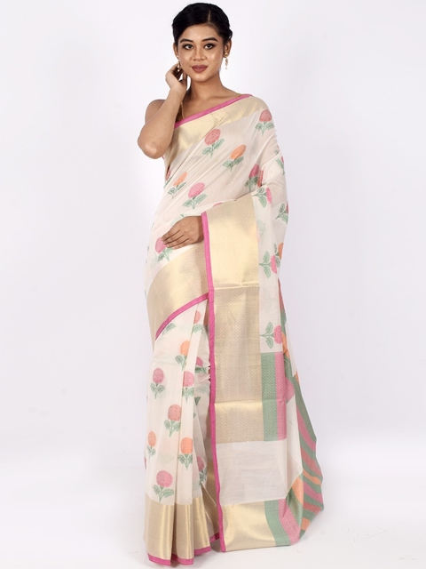 

AllSilks White & Pink Floral With Blouse Piece