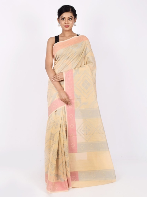 

AllSilks Cream-Coloured & Pink Woven Design Silk Blend Saree