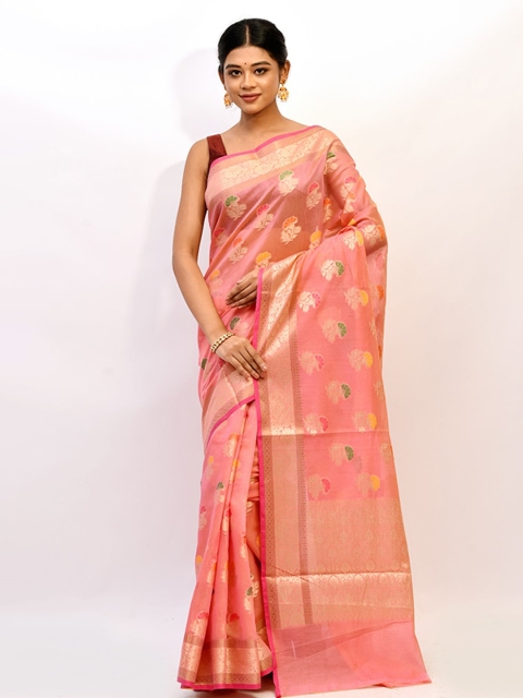 

AllSilks Pink & Gold-Toned Ethnic Motifs Silk Blend Saree