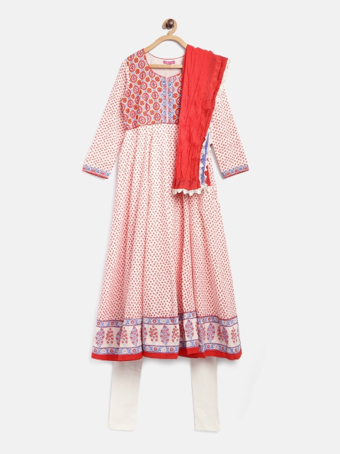 

Biba Girls Red & Off-White Printed Anarkali Churidar Kurta with Dupatta