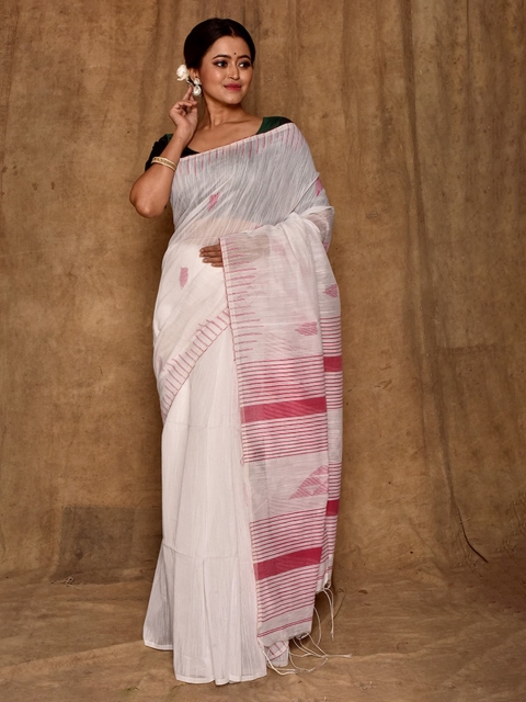 

AllSilks White & Red Striped Silk Blend Saree