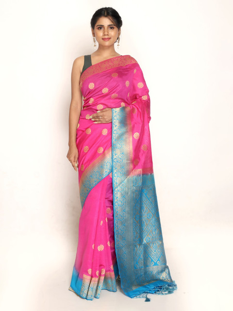 

AllSilks Pink & Blue Floral Zari Silk Blend Saree