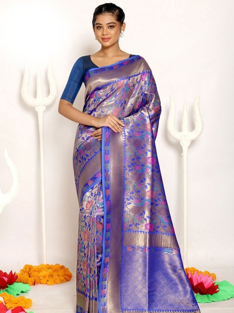 

AllSilks Blue & Purple Floral Silk Blend Saree