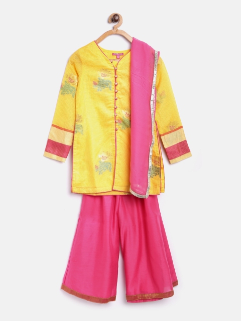 

Biba Girls Yellow & Pink Self-Design Kurta with Palazzos & Dupatta