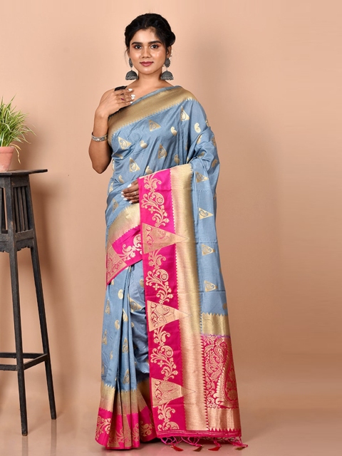 

AllSilks Blue & Pink Ethnic Motifs Silk Blend Saree