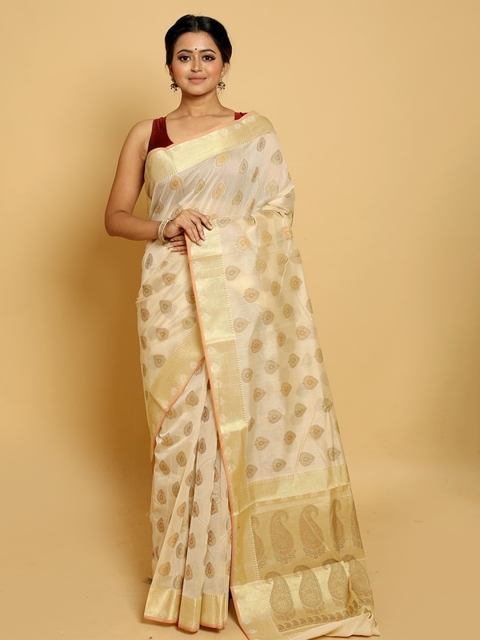

AllSilks Cream-Coloured & Gold-Toned Ethnic Motifs Zari Silk Blend Saree
