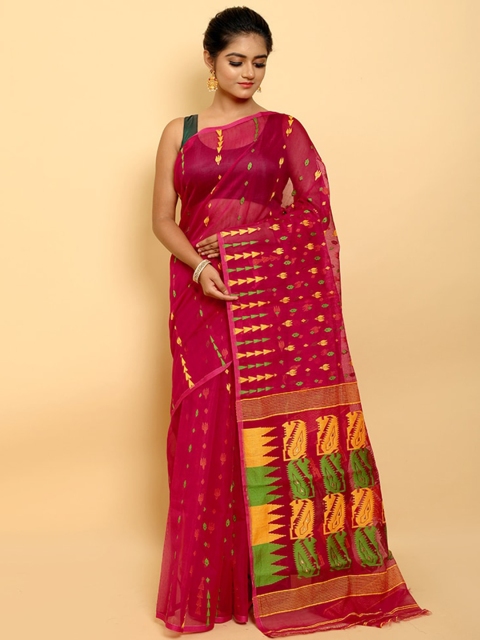 

AllSilks Maroon & Yellow Ethnic Motifs Pure Cotton Jamdani Saree