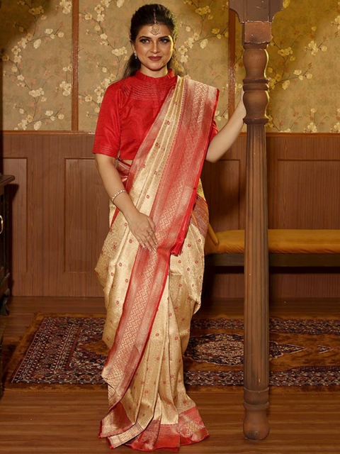 

AllSilks Cream-Coloured & Red Ethnic Motifs Zari Pure Silk Uppada Saree