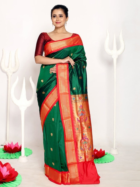

AllSilks Green Ethnic Motifs Zari Pure Silk Kanjeevaram Saree