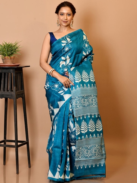 

AllSilks Teal Ethnic Motifs Pure Silk Saree