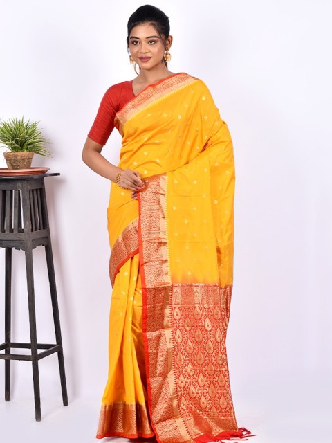 

AllSilks Yellow & Red Ethnic Motifs Silk Blend Kanjeevaram Saree