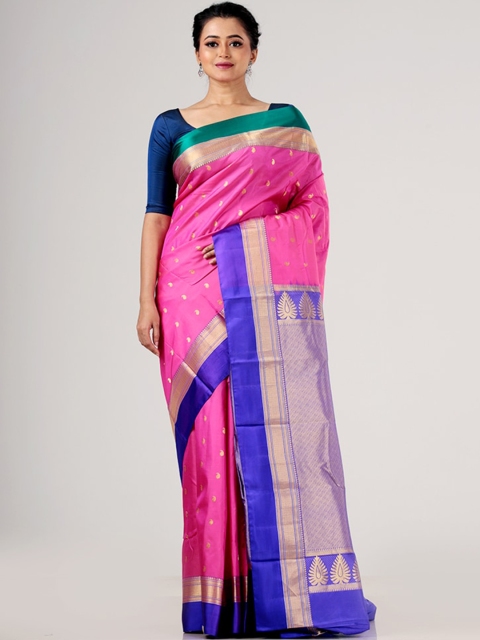 

AllSilks Pink & Blue Ethnic Motifs Zari Kanjeevaram Saree
