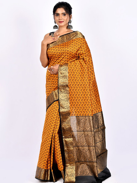 

AllSilks Cotton Floral Printed Saree, Mustard