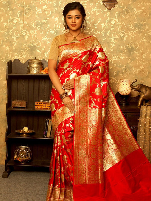 

AllSilks Woven Design Zari Pure Silk Banarasi Saree, Red