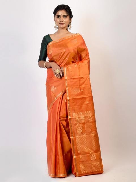 

AllSilks Orange Ethnic Motifs Zari Kanjeevaram Saree