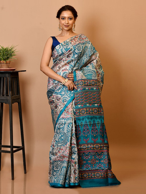 

AllSilks Cream-Coloured & Blue Paisley Pure Silk Saree
