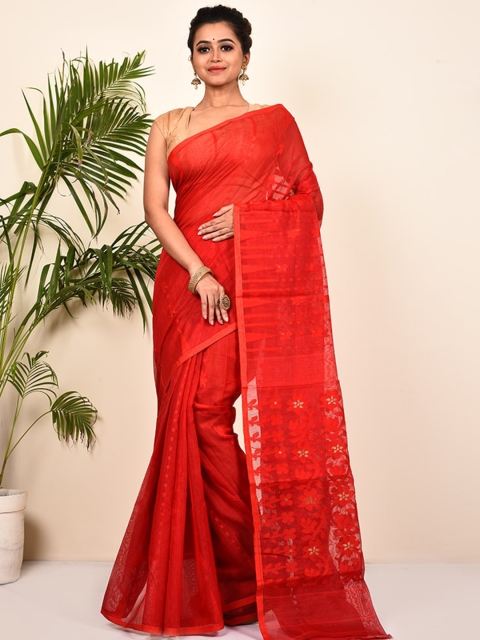 

AllSilks Red Floral Pure Cotton Taant Saree