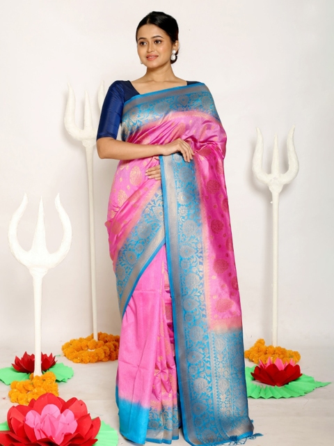 

AllSilks Woven Design Zari Silk Blend Saree, Pink