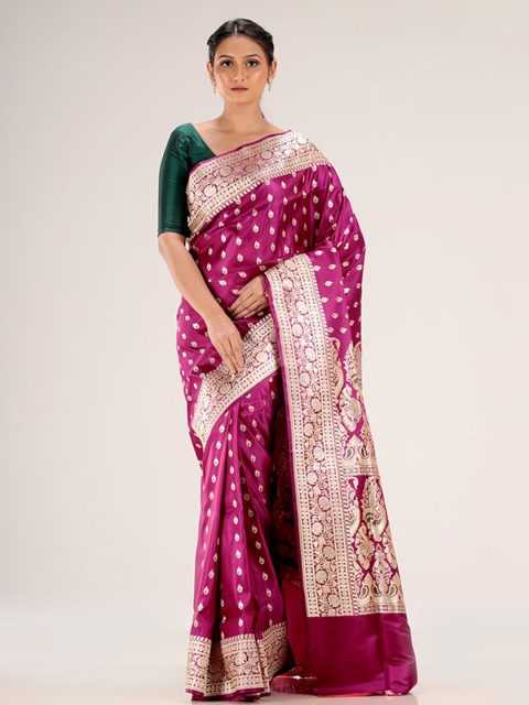 

AllSilks Purple & Silver-Toned Ethnic Motifs Zari Pure Silk Banarasi Saree