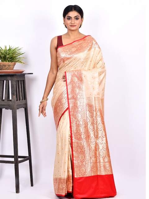 

AllSilks Cream-Coloured & Red Ethnic Motifs Zari Silk Blend Saree