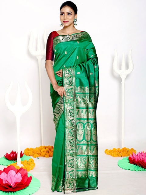 

AllSilks Green Ethnic Motifs Zari Pure Silk Baluchari Saree