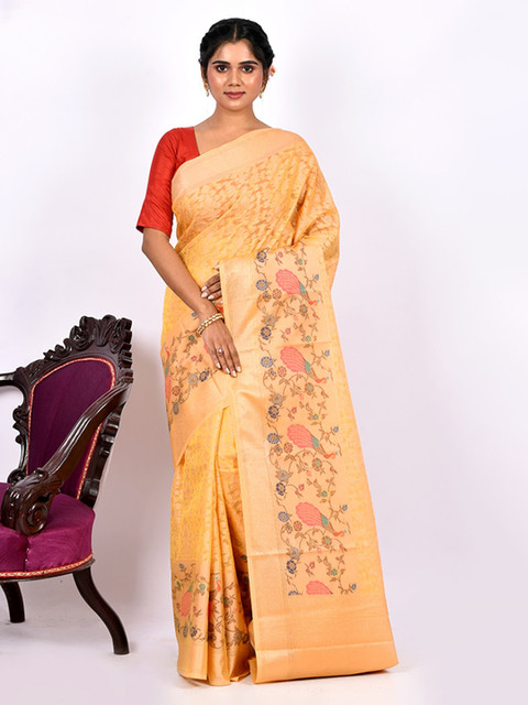 

AllSilks Yellow & Orange Floral Zari Silk Blend Saree