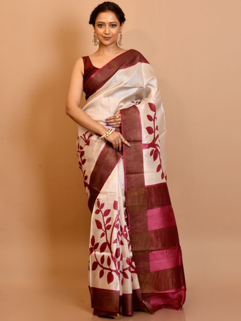 

AllSilks Cream-Coloured & Brown Floral Silk Blend Tussar Saree