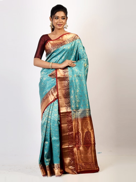 

AllSilks Blue & Brown Ethnic Motifs Zari Pure Silk Kanjeevaram Saree