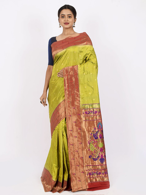 

AllSilks Green & Orange Ethnic Motifs Zari Pure Silk Kanjeevaram Saree