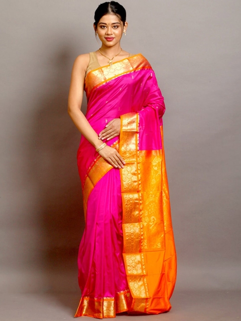

AllSilks Pink & Orange Floral Zari Silk Blend Kanjeevaram Saree