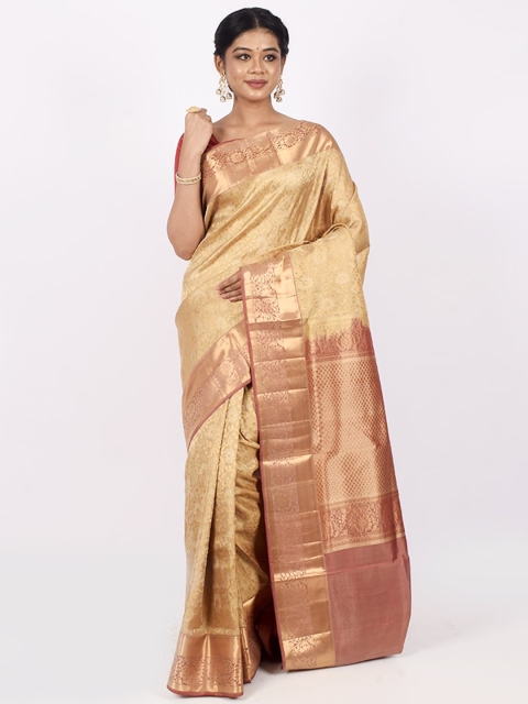 

AllSilks Woven Design Zari Pure Silk Kanjeevaram Saree, Cream