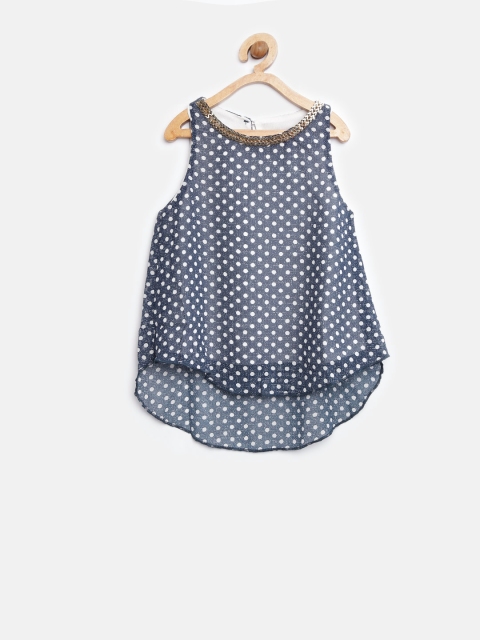 

Tiny Girl Navy & Off-White Polka Dot Print A-Line Top, Navy blue