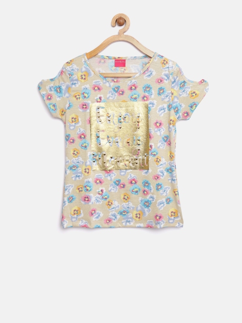 

Tiny Girl Girls Beige & Blue Floral Print Cold Shoulder Top